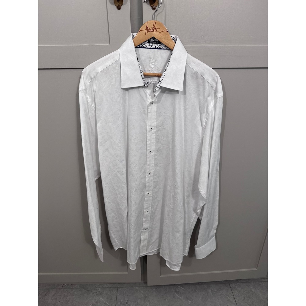 Bugatchi Uomo Mens White Paisley Jacquard Classic Fit Button Down Shirt Cotton